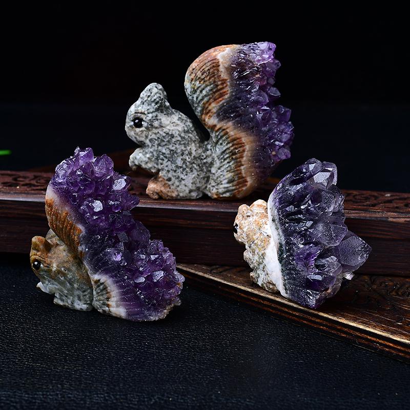 Uruguayan natural amethyst cluster squirrel ornaments Original stone carving home decorations