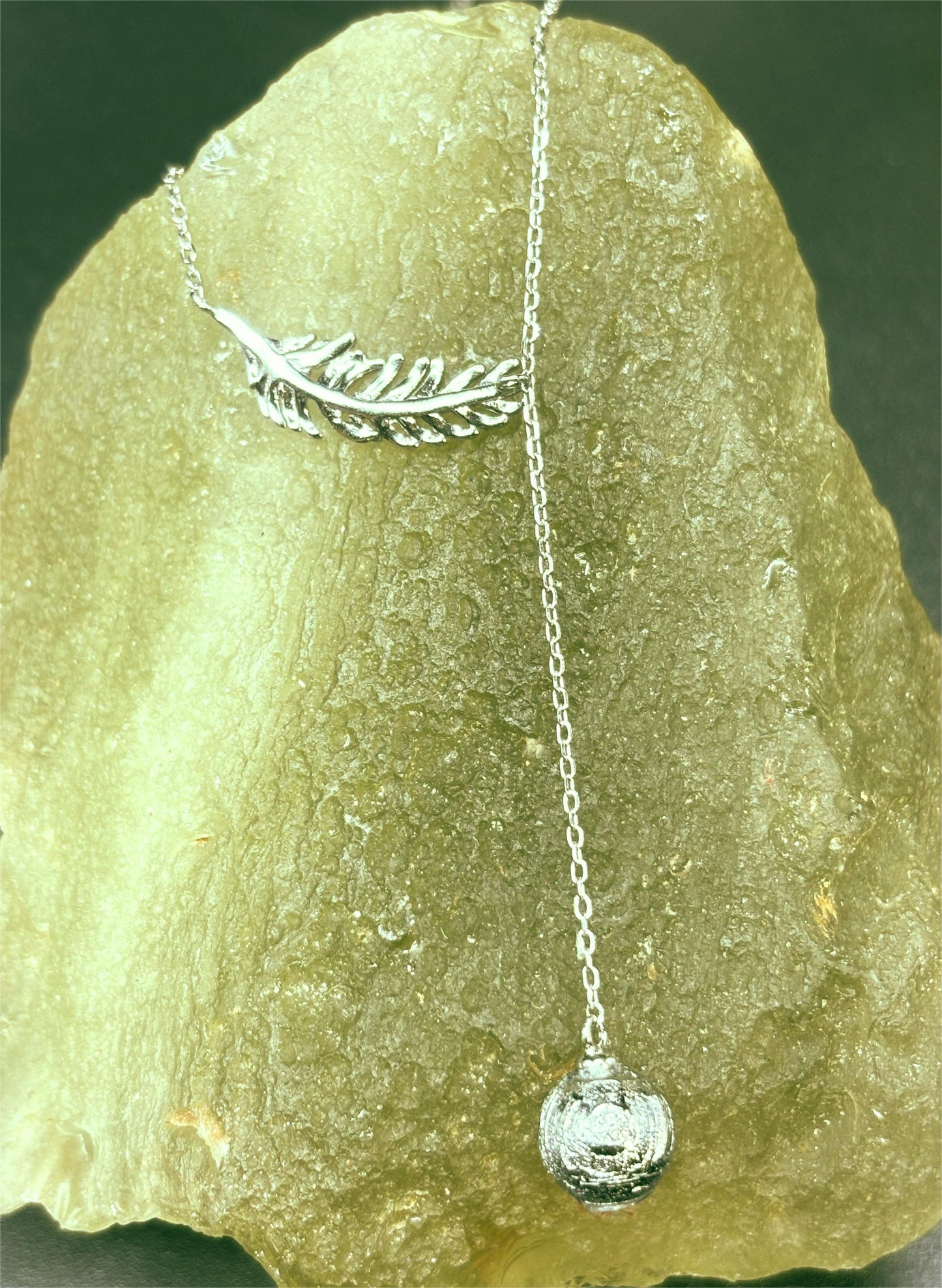 Sterling Silver Feather Meteorite Pendant, Necklace with Authentic Meteorite Bead, Unique Widmanstätten Pattern, Elegant Jewelry, Gift for Her
