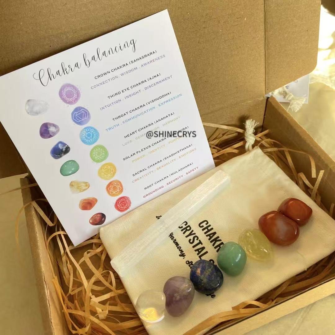 8pc Chakra Set | With Selenite 7 Chakra Tumbled Stones Beginners Healing Crystal Set Great Gift Meditation Spirituality Minerals Polished