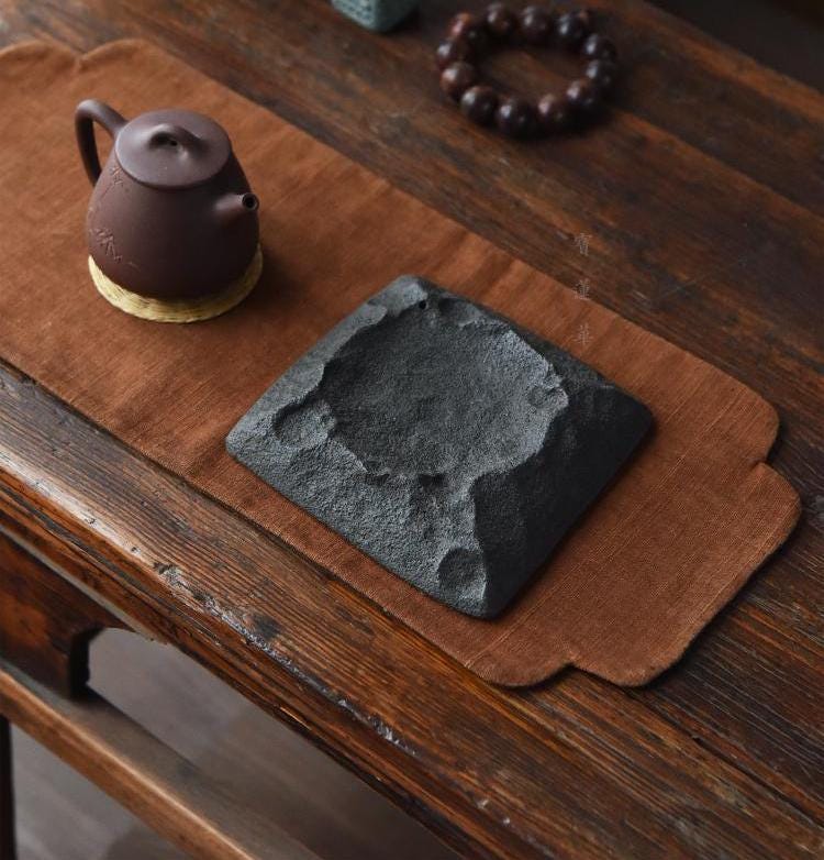 Unique blast crater, unglazed crackled surface black clay round bonsai pot, Mimic Meteorite Plate