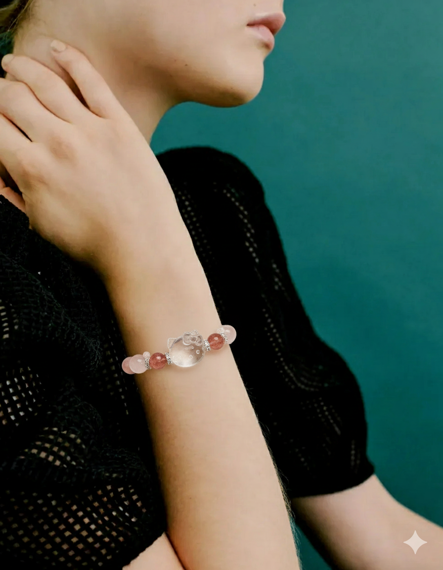 Hello Kitty Crystal Bracelet, Rose Quartz & Strawberry Quartz Beaded Bracelet, Healing Crystal Jewelry,Gift for Her