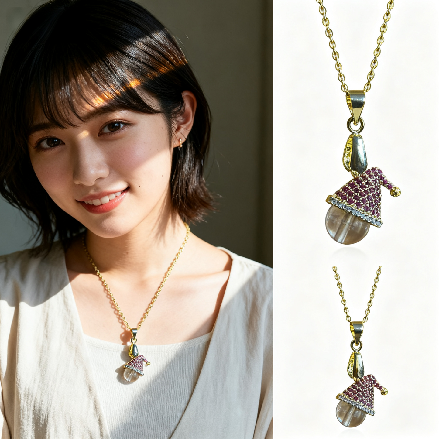 Libyan Desert Glass Tektite Pendant with Santa Hat Design | 18K Gold-Plated Chain