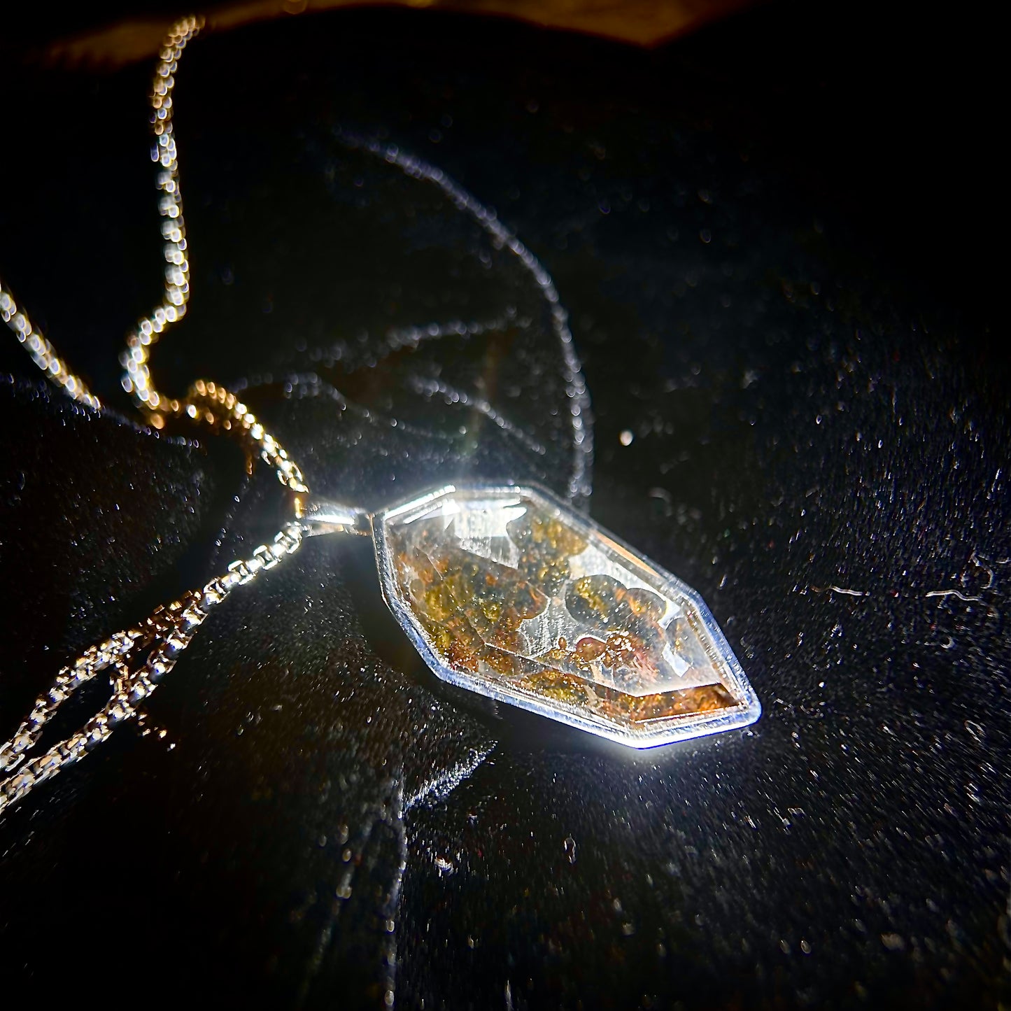 Genuine Sericho Pallasite Meteorite Coffin Shield Pendant Necklace (50×22×7mm) | Olivine Crystal Inlay | Gift Box + COA