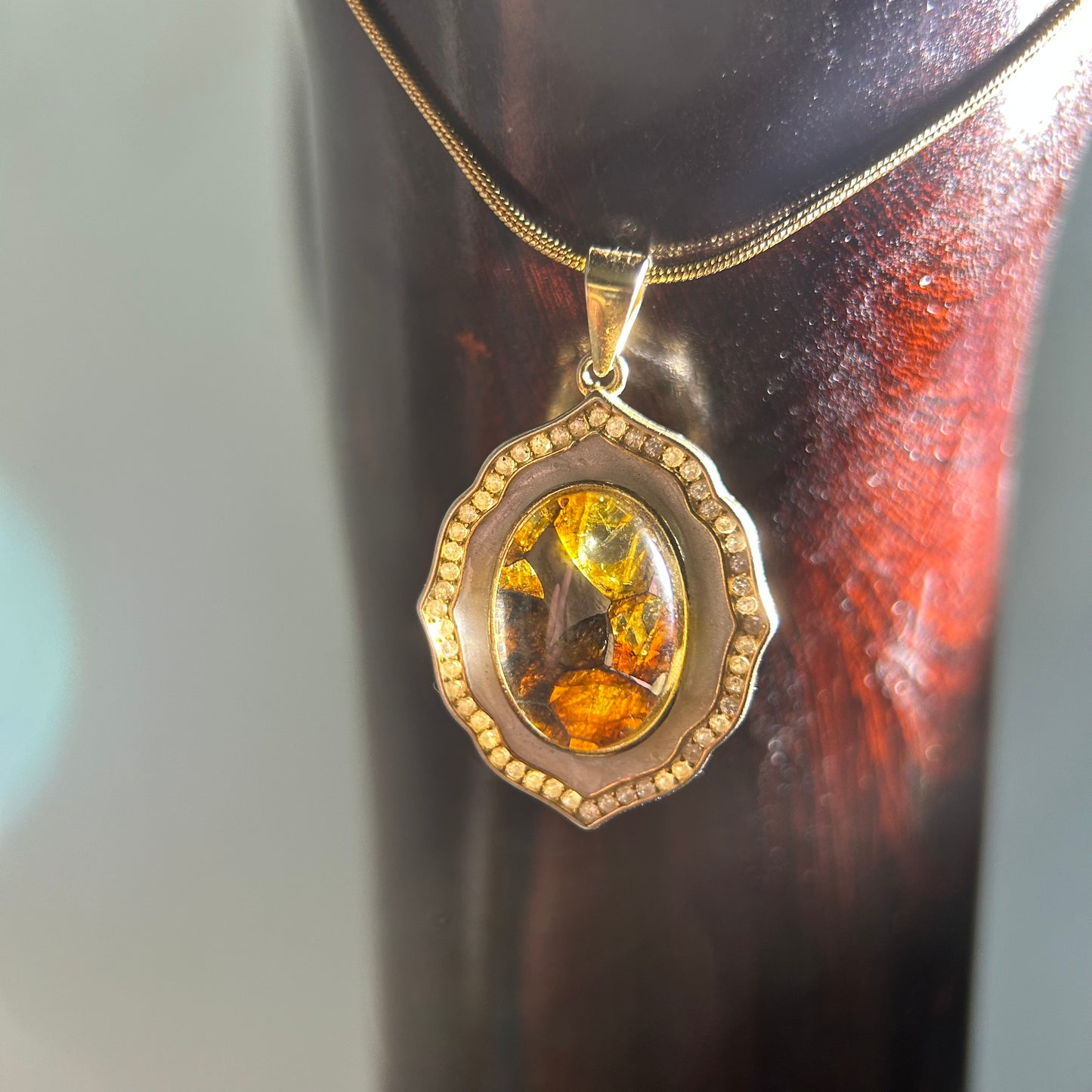 925 Sterling Silver Sericho Pallasite Meteorite Oval Pendant Necklace | Halo Frame | Olivine Crystal Inlay | Gift Box + COA