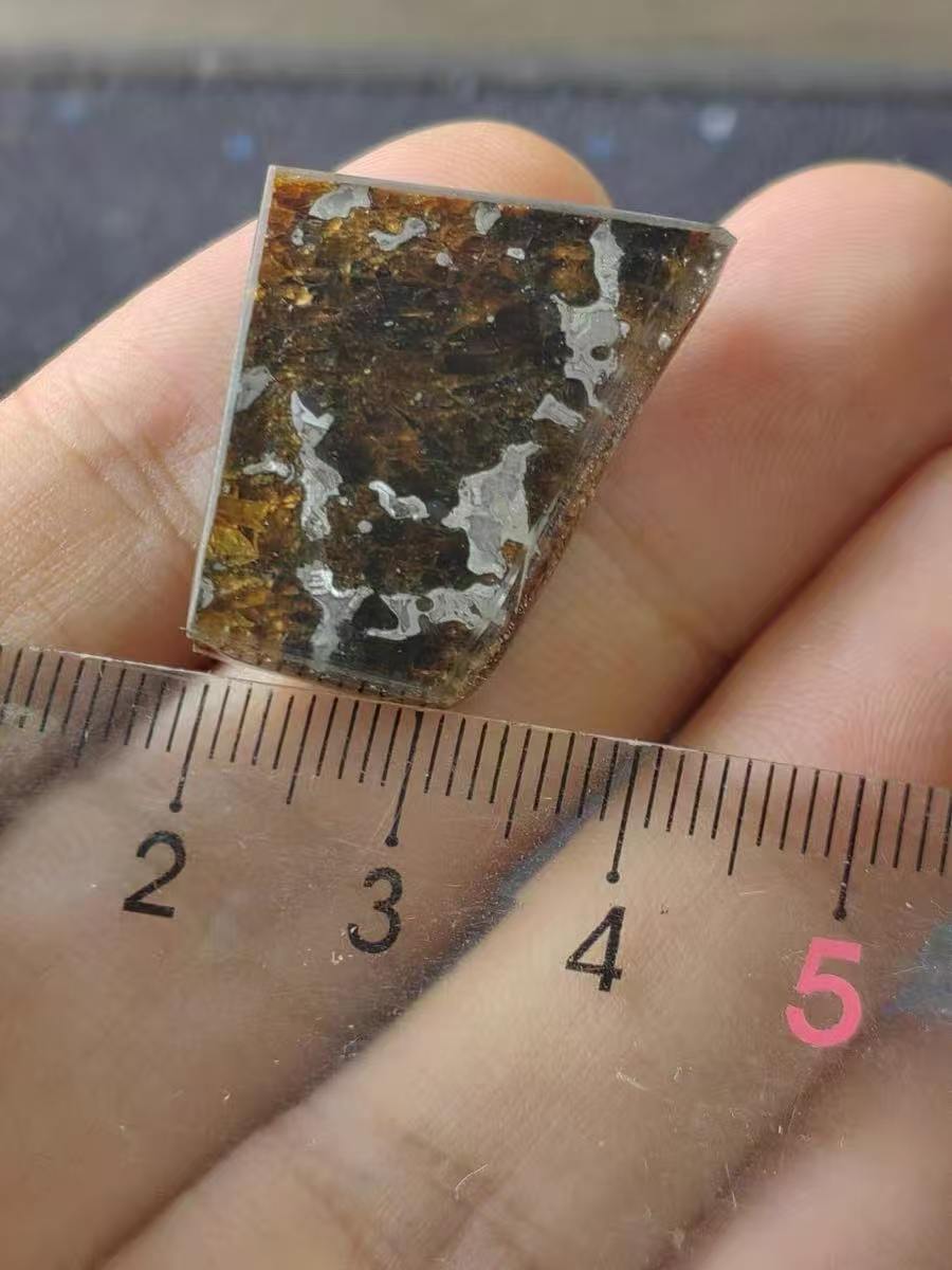 Ředký orel stanice Heihe Shengli pallasitový plátek – 50 × 6 × 4 mm – nikl-železná matice s olivínem