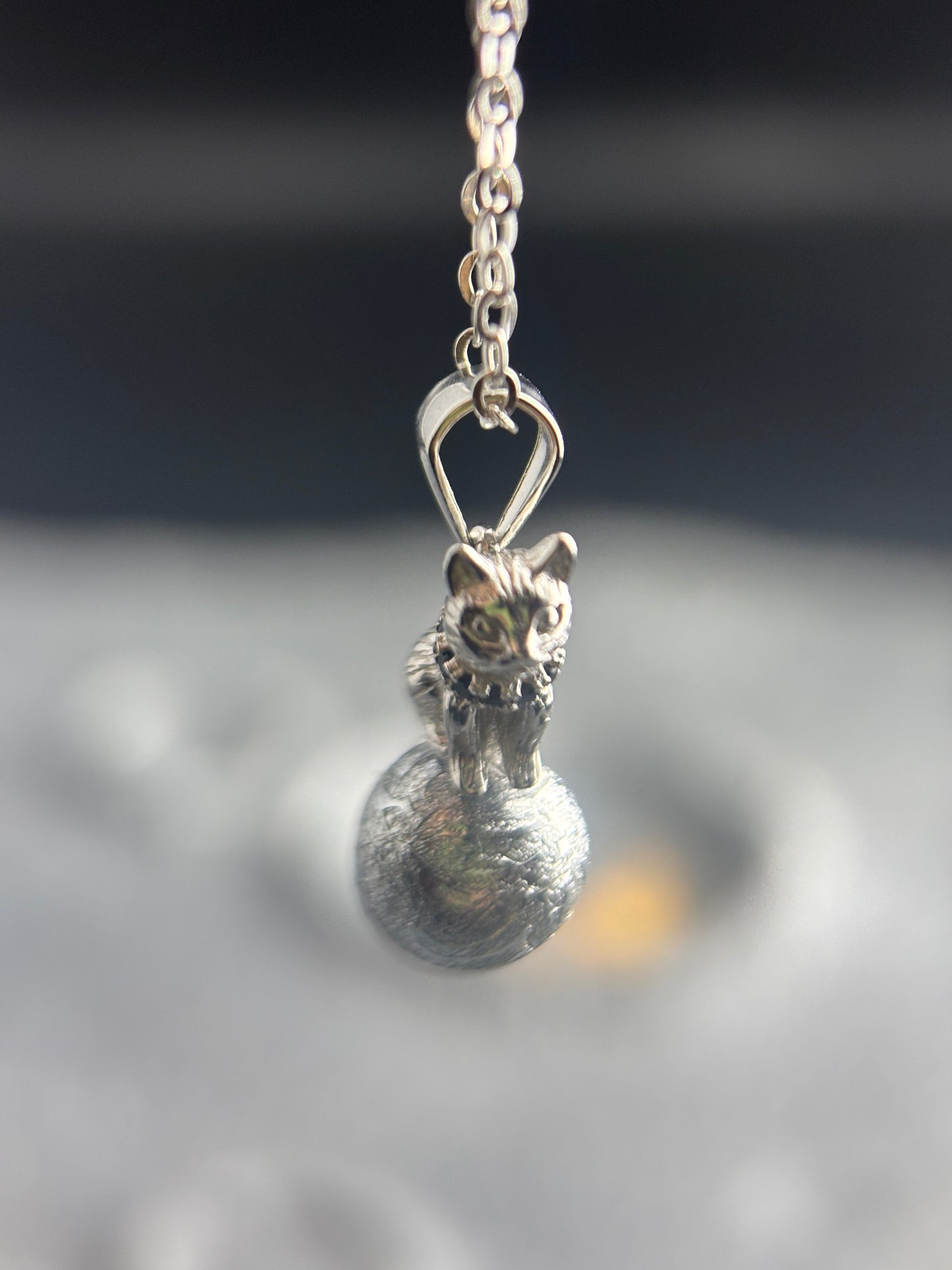 Sterling Silver Cat Meteorite Necklace, 8mm Altai Meteorite Bead, 925 Silver Kitty Pendant, Widmanstätten Pattern, Cute Gift for Her