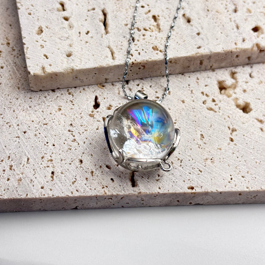 Azeztulite Crystal Ball Necklace ~16mm | Rainbow Flash Natural Crystal Orb Pendant | 925 Sterling Silver 44cm | Gift Ready
