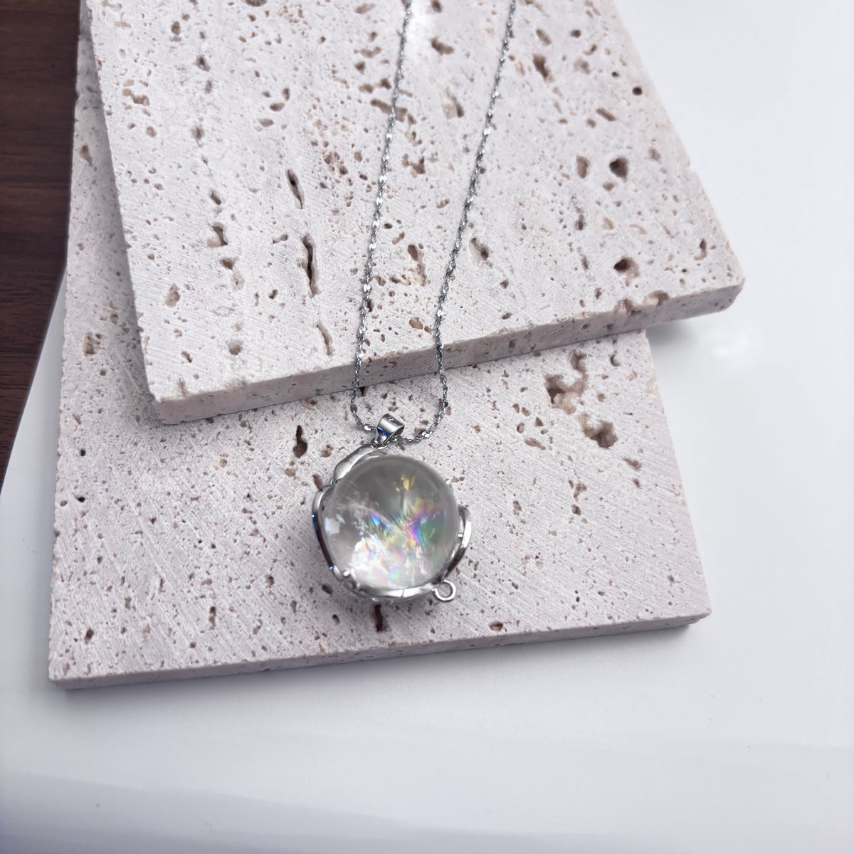 Azeztulite Crystal Ball Necklace ~16mm | Rainbow Flash Natural Crystal Orb Pendant | 925 Sterling Silver 44cm | Gift Ready