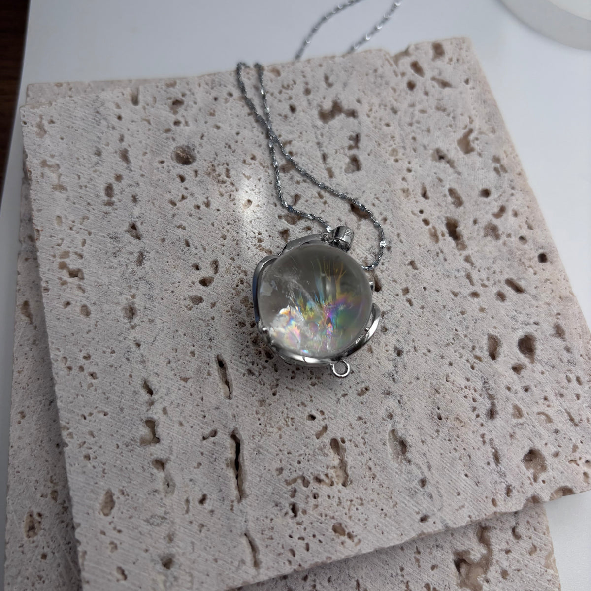 Azeztulite Crystal Ball Necklace ~16mm | Rainbow Flash Natural Crystal Orb Pendant | 925 Sterling Silver 44cm | Gift Ready