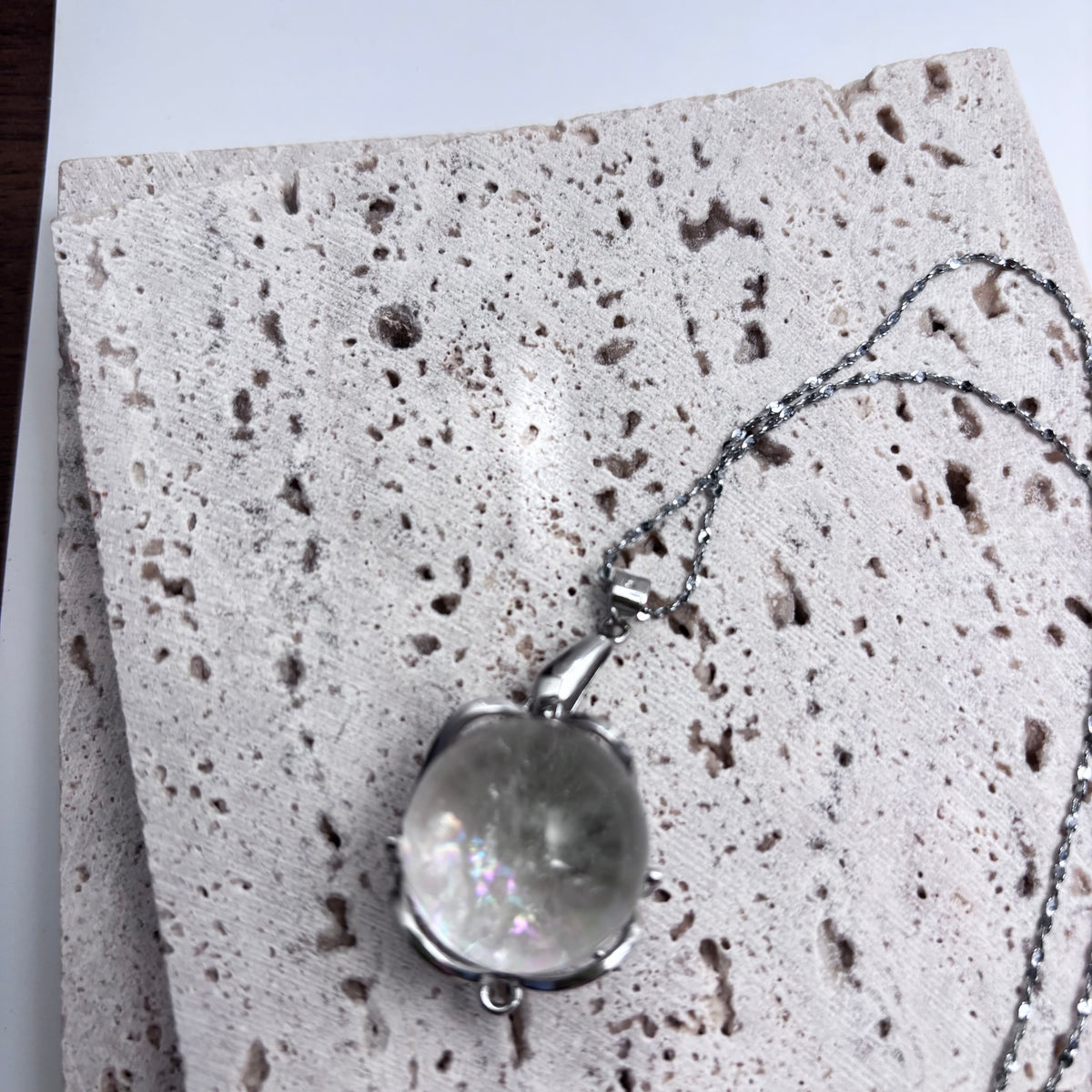 Azeztulite Crystal Ball Necklace ~16mm | Rainbow Flash Natural Crystal Orb Pendant | 925 Sterling Silver 44cm | Gift Ready