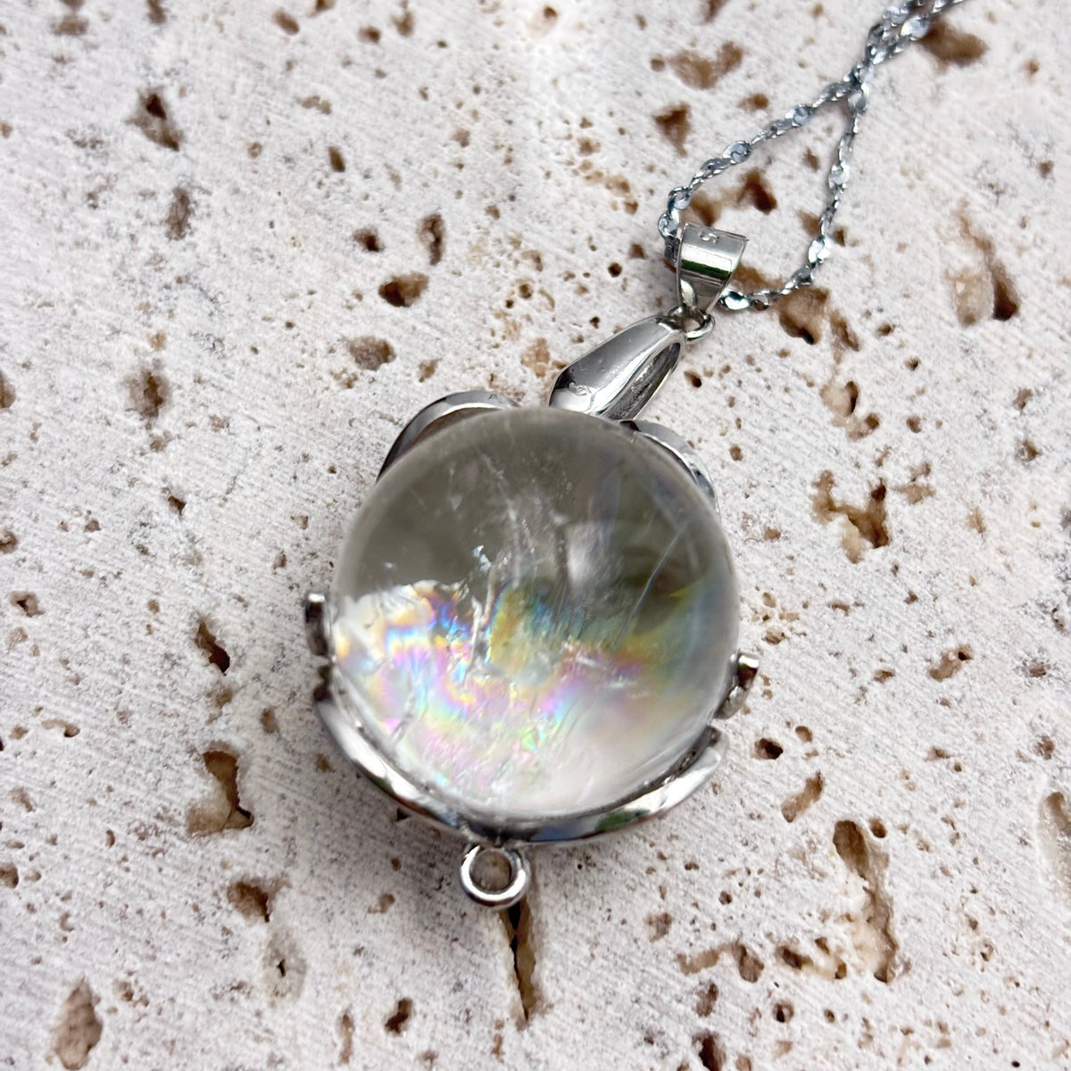 Azeztulite Crystal Ball Necklace ~16mm | Rainbow Flash Natural Crystal Orb Pendant | 925 Sterling Silver 44cm | Gift Ready