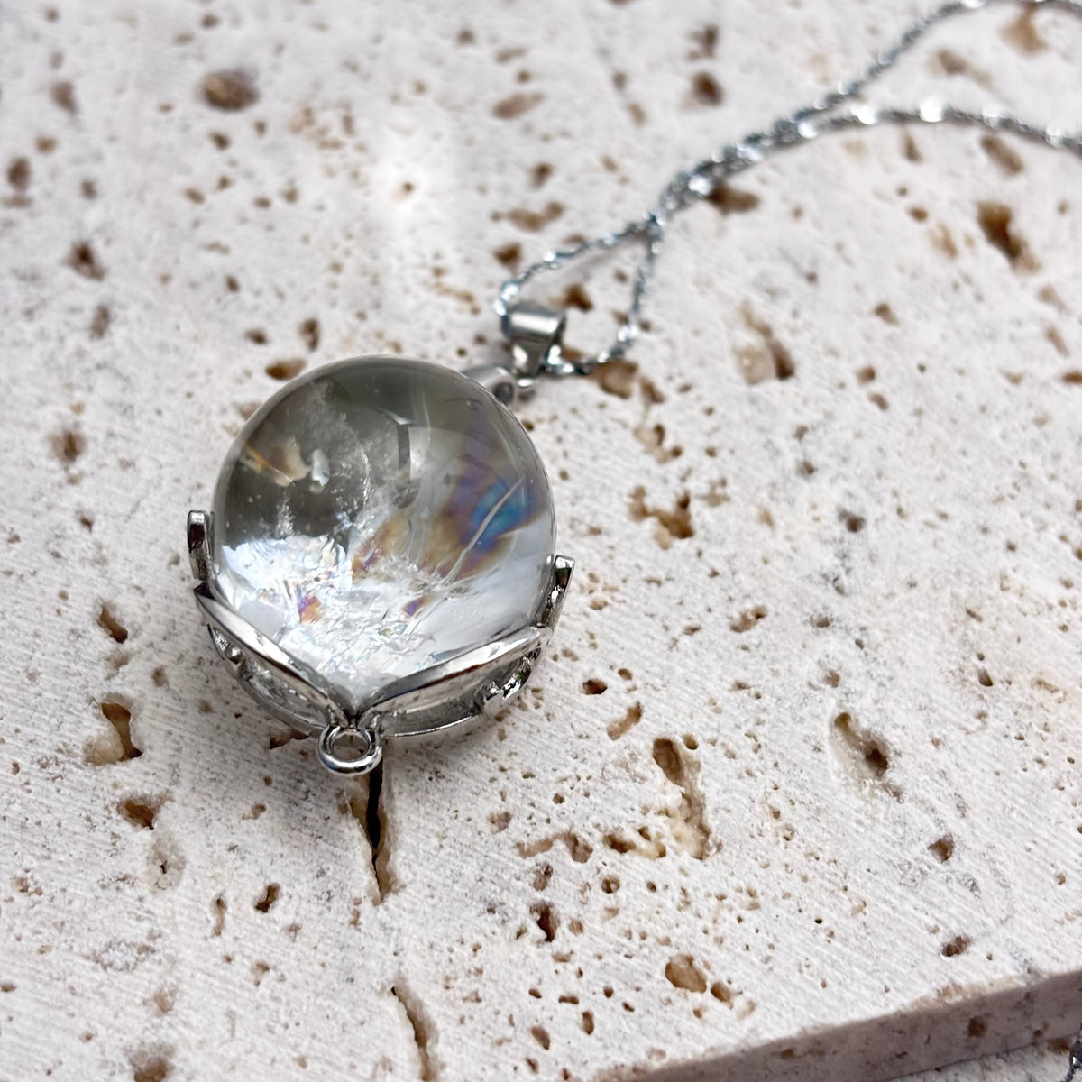 Azeztulite Crystal Ball Necklace ~16mm | Rainbow Flash Natural Crystal Orb Pendant | 925 Sterling Silver 44cm | Gift Ready
