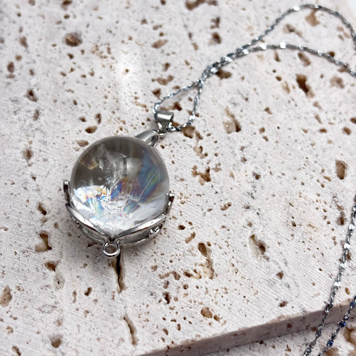 Azeztulite Crystal Ball Necklace ~16mm | Rainbow Flash Natural Crystal Orb Pendant | 925 Sterling Silver 44cm | Gift Ready