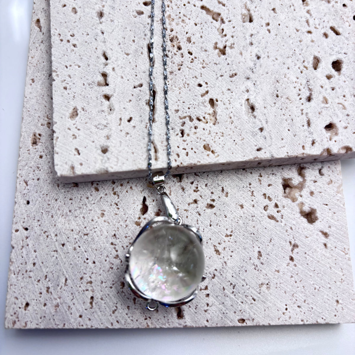 Azeztulite Crystal Ball Necklace ~16mm | Rainbow Flash Natural Crystal Orb Pendant | 925 Sterling Silver 44cm | Gift Ready