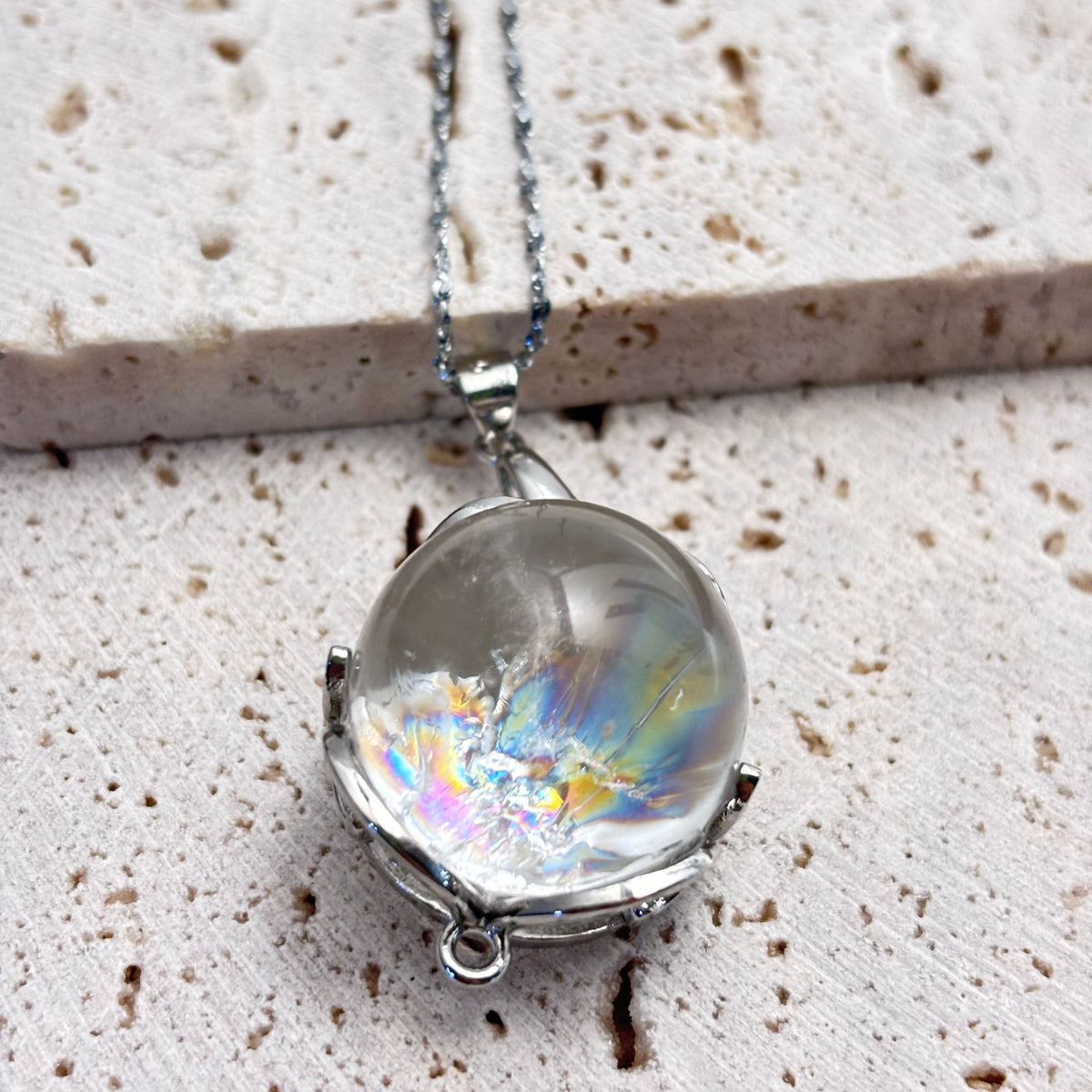 Azeztulite Crystal Ball Necklace ~16mm | Rainbow Flash Natural Crystal Orb Pendant | 925 Sterling Silver 44cm | Gift Ready