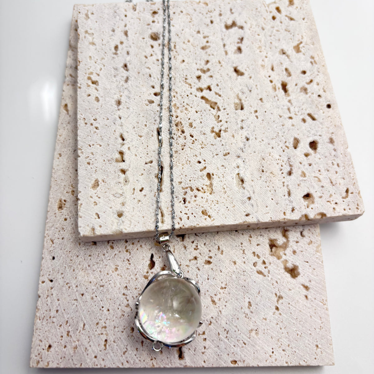 Azeztulite Crystal Ball Necklace ~16mm | Rainbow Flash Natural Crystal Orb Pendant | 925 Sterling Silver 44cm | Gift Ready