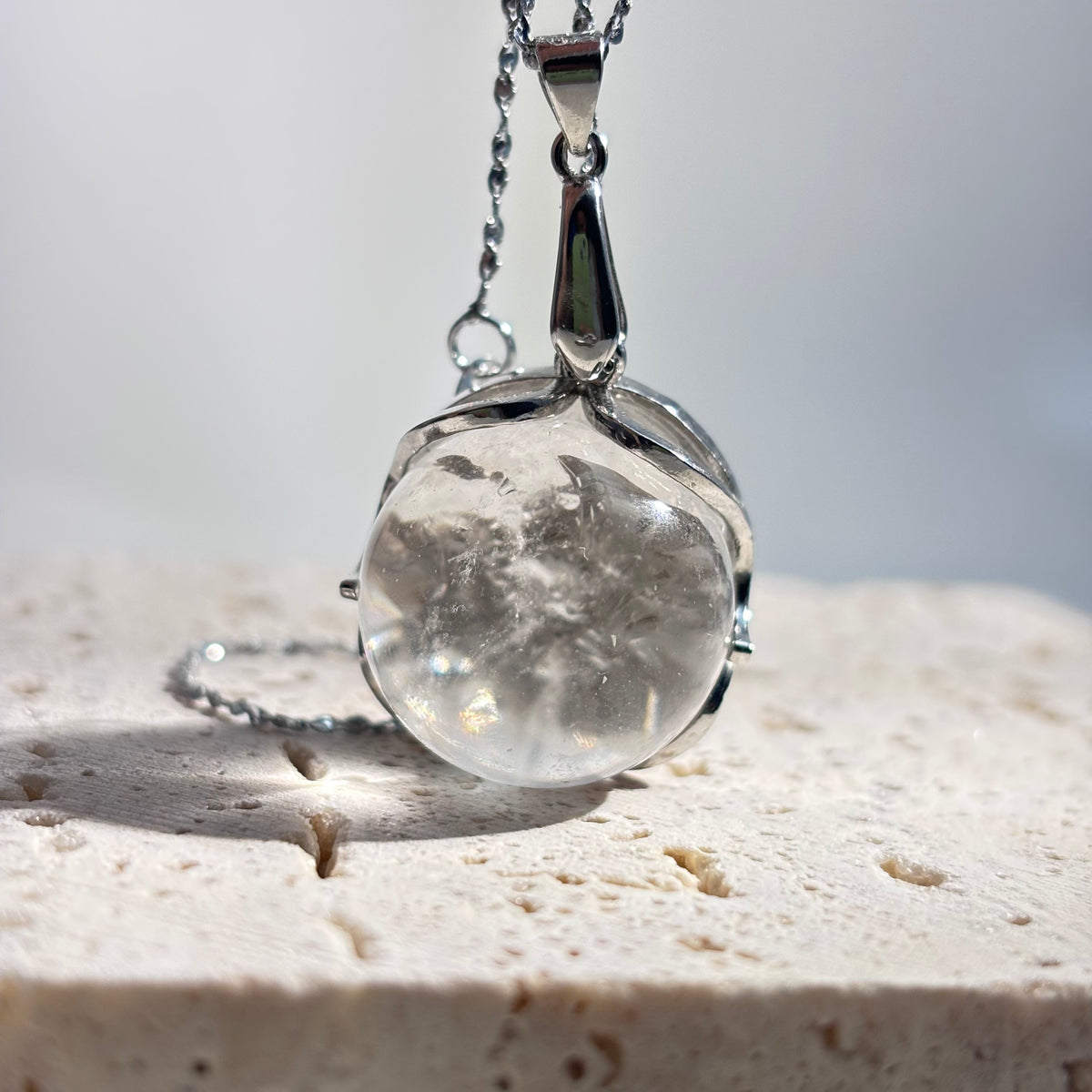 Azeztulite Crystal Ball Necklace ~16mm | Rainbow Flash Natural Crystal Orb Pendant | 925 Sterling Silver 44cm | Gift Ready