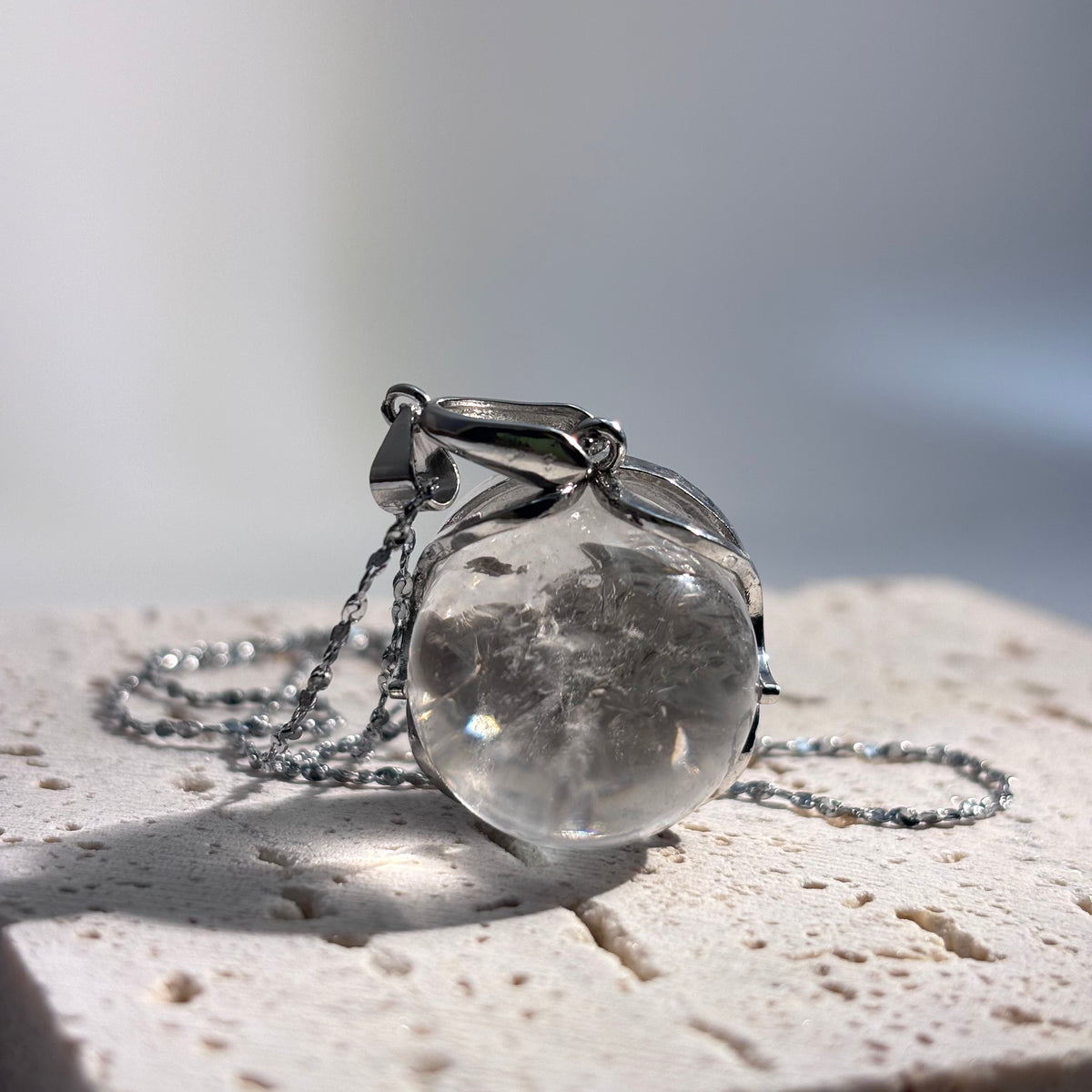 Azeztulite Crystal Ball Necklace ~16mm | Rainbow Flash Natural Crystal Orb Pendant | 925 Sterling Silver 44cm | Gift Ready