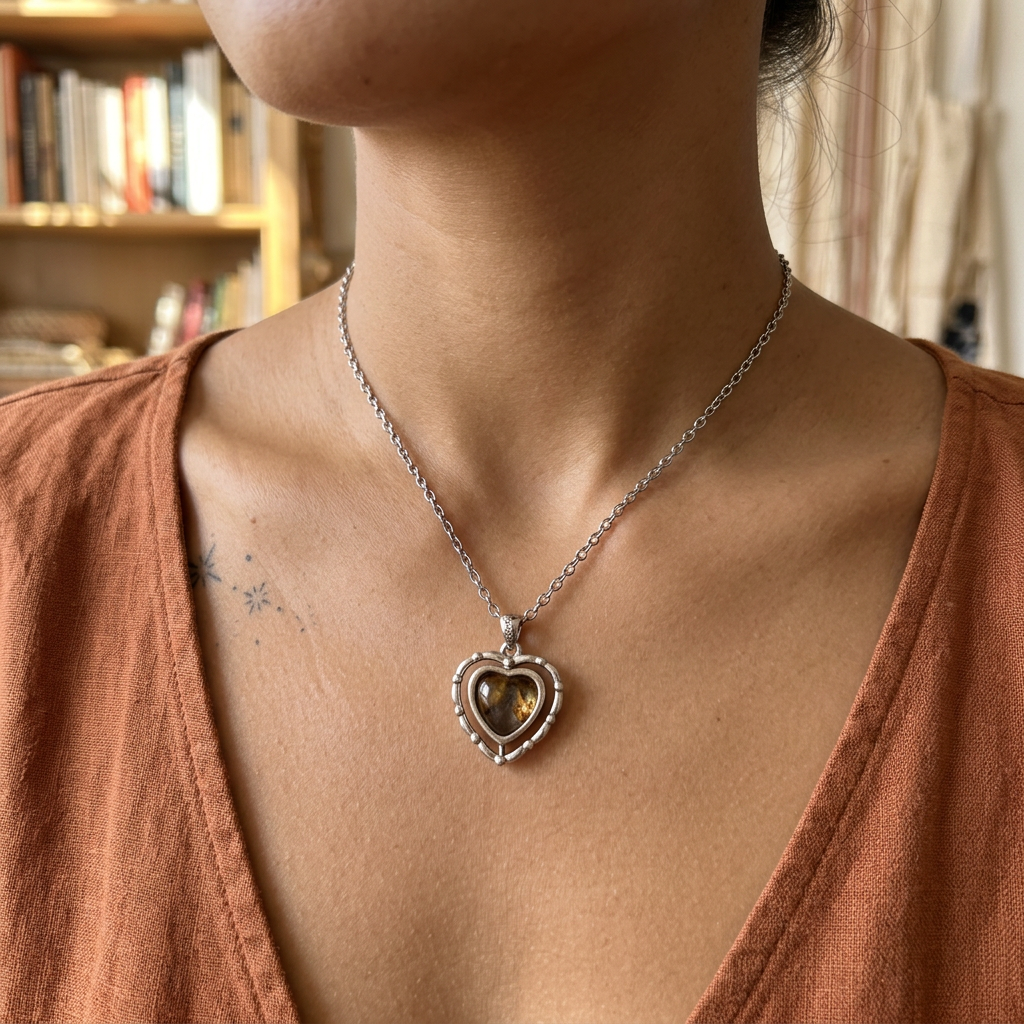 Genuine Sericho Pallasite Meteorite Spin Heart Necklace in 925 Sterling Silver — One‑of‑a‑Kind Olivine Inlay, Gift Box + COA