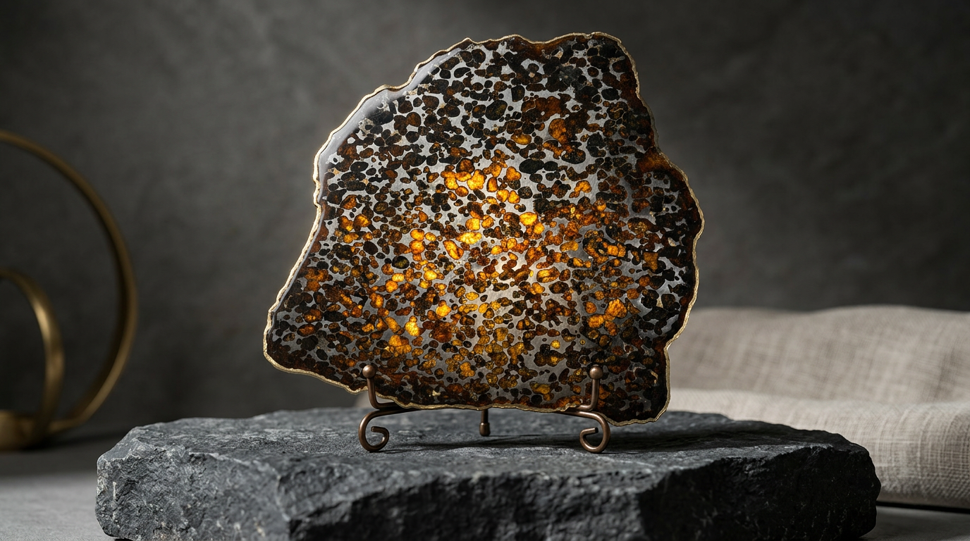 Sericho Pallasite Meteorite Slice 299g (200×220×3.5mm) — Golden Olivine “Gems in Meteorites” | Meteorite for Sale