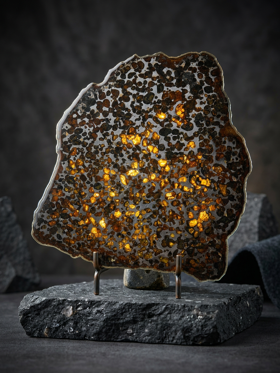 Sericho Pallasite Meteorite Slice 299g (200×220×3.5mm) — Golden Olivine “Gems in Meteorites” | Meteorite for Sale