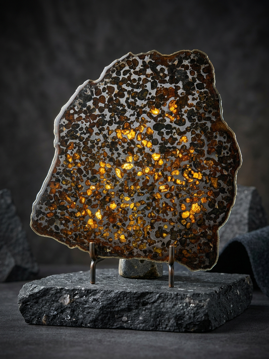 Sericho Pallasite Meteorite Slice 299g (200×220×3.5mm) — Golden Olivine “Gems in Meteorites” | Meteorite for Sale