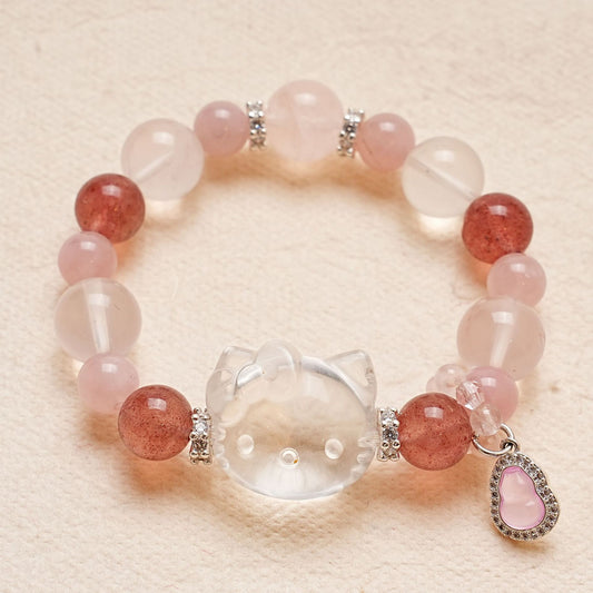 Hello Kitty Crystal Bracelet, Rose Quartz & Strawberry Quartz Beaded Bracelet, Healing Crystal Jewelry,Gift for Her