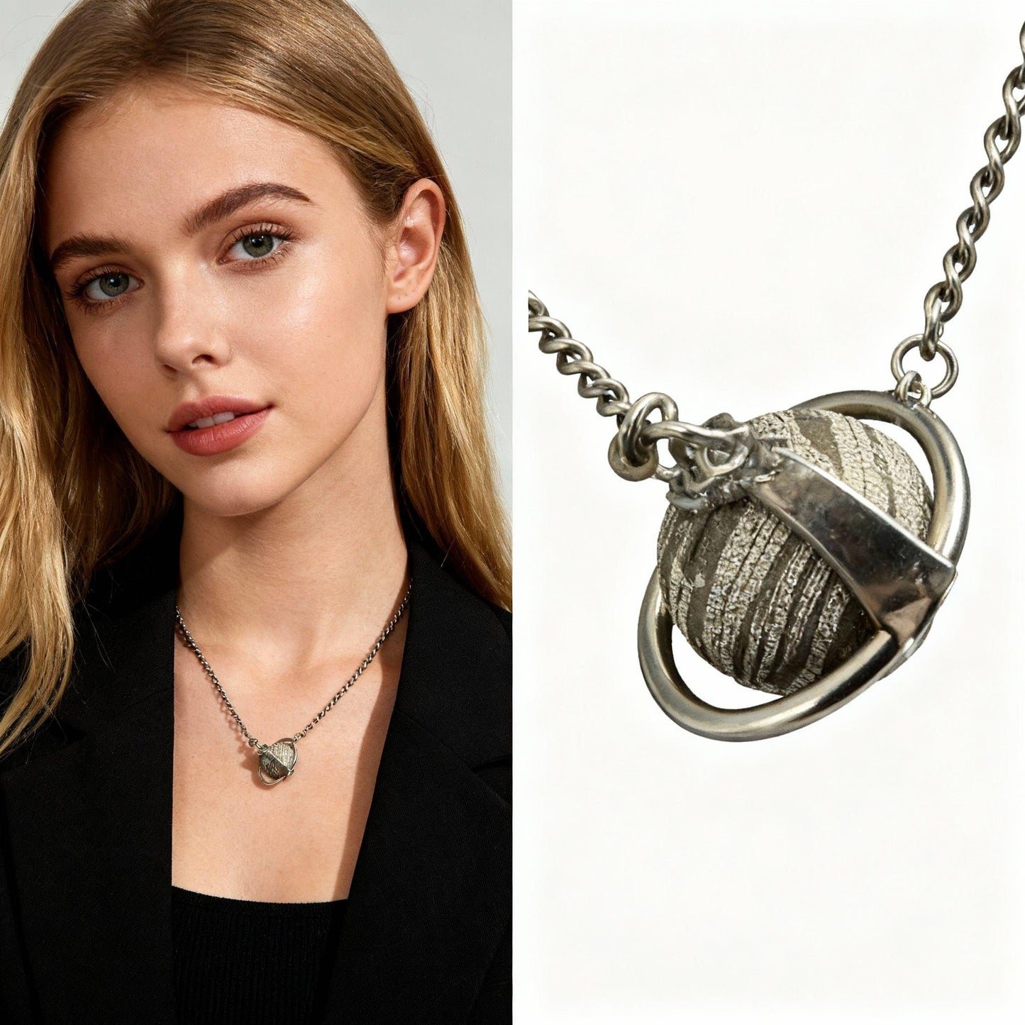 Altai Meteorite Necklace: 925 Silver Jupiter Rings Pendant, Christmas gift, Planetary Meteorite Necklaces