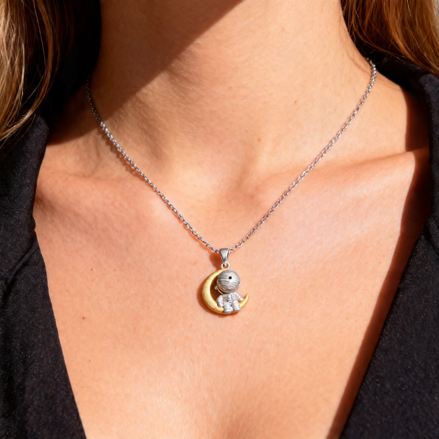 Aletai Meteorite Bead Astronaut Pendant Necklace – 925 Sterling Silver, 48cm