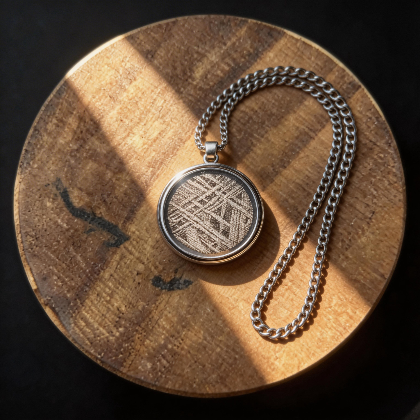 Collier Pièce Planète en Météorite Aletai (30×30×6mm) — Pendentif en Météorite de Fer Authentique, Monture en Alliage