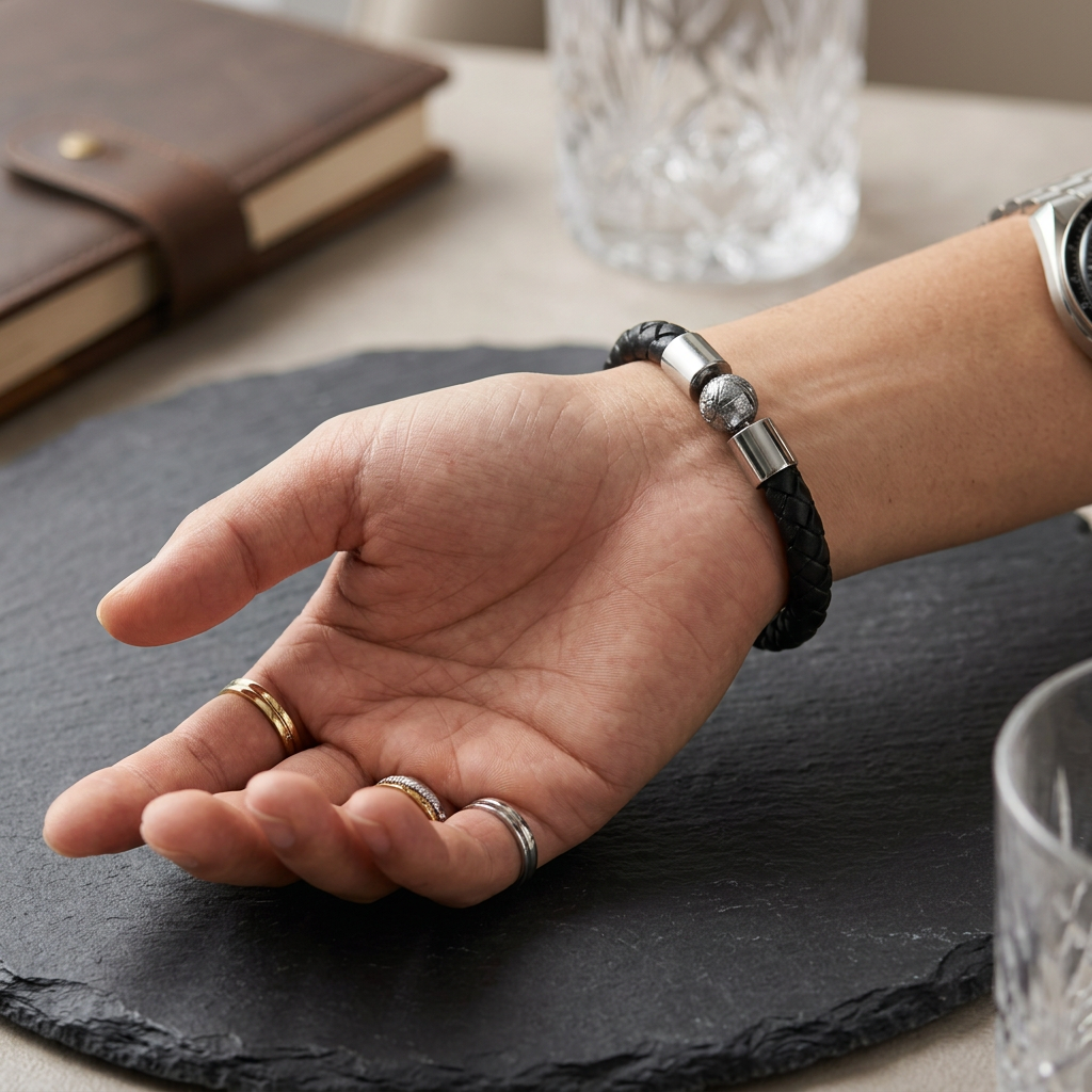 Genuine Iron Meteorite Bead Stretch Bracelet|Widmanstätten Pattern Center Bead | Elastic Wristband | Minimal Unisex Gift