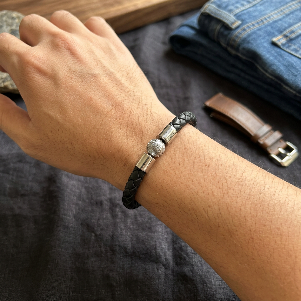 Genuine Iron Meteorite Bead Stretch Bracelet|Widmanstätten Pattern Center Bead | Elastic Wristband | Minimal Unisex Gift