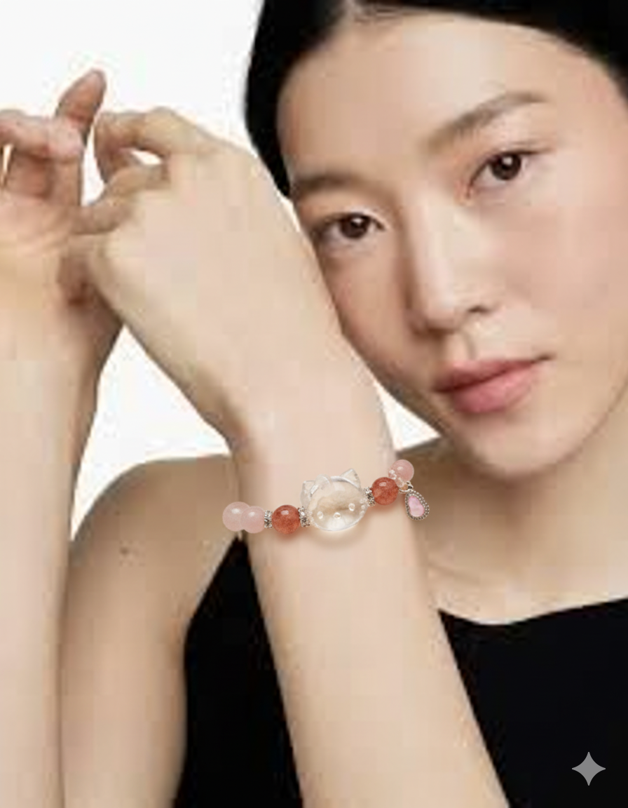 Hello Kitty Crystal Bracelet, Rose Quartz & Strawberry Quartz Beaded Bracelet, Healing Crystal Jewelry,Gift for Her