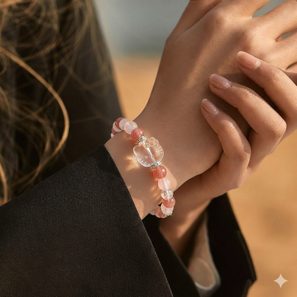 Hello Kitty Crystal Bracelet, Rose Quartz & Strawberry Quartz Beaded Bracelet, Healing Crystal Jewelry,Gift for Her