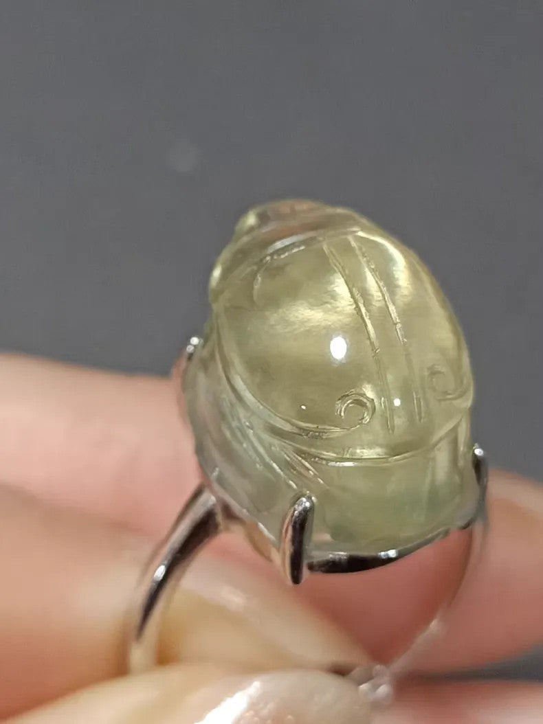 Bague Scarabée en Verre du Désert Libyen, Bague Déclaration en Tectite Sculptée à la Main, Impactite Authentique du Sahara, 20x15x8mm