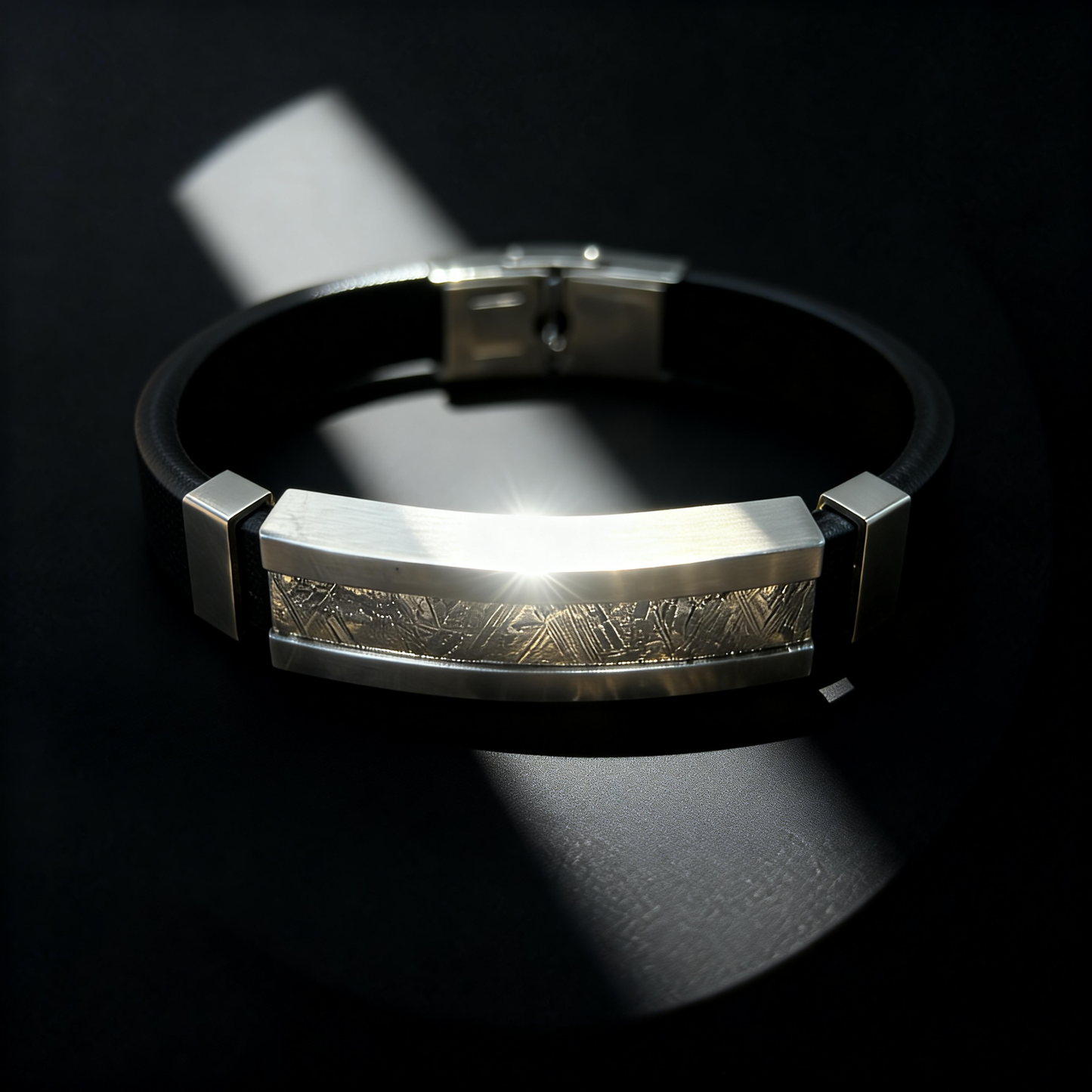 Iron Meteorite Bracelet — 30×12mm Etched Inlay | Widmanstätten Pattern — COA & Gift Box