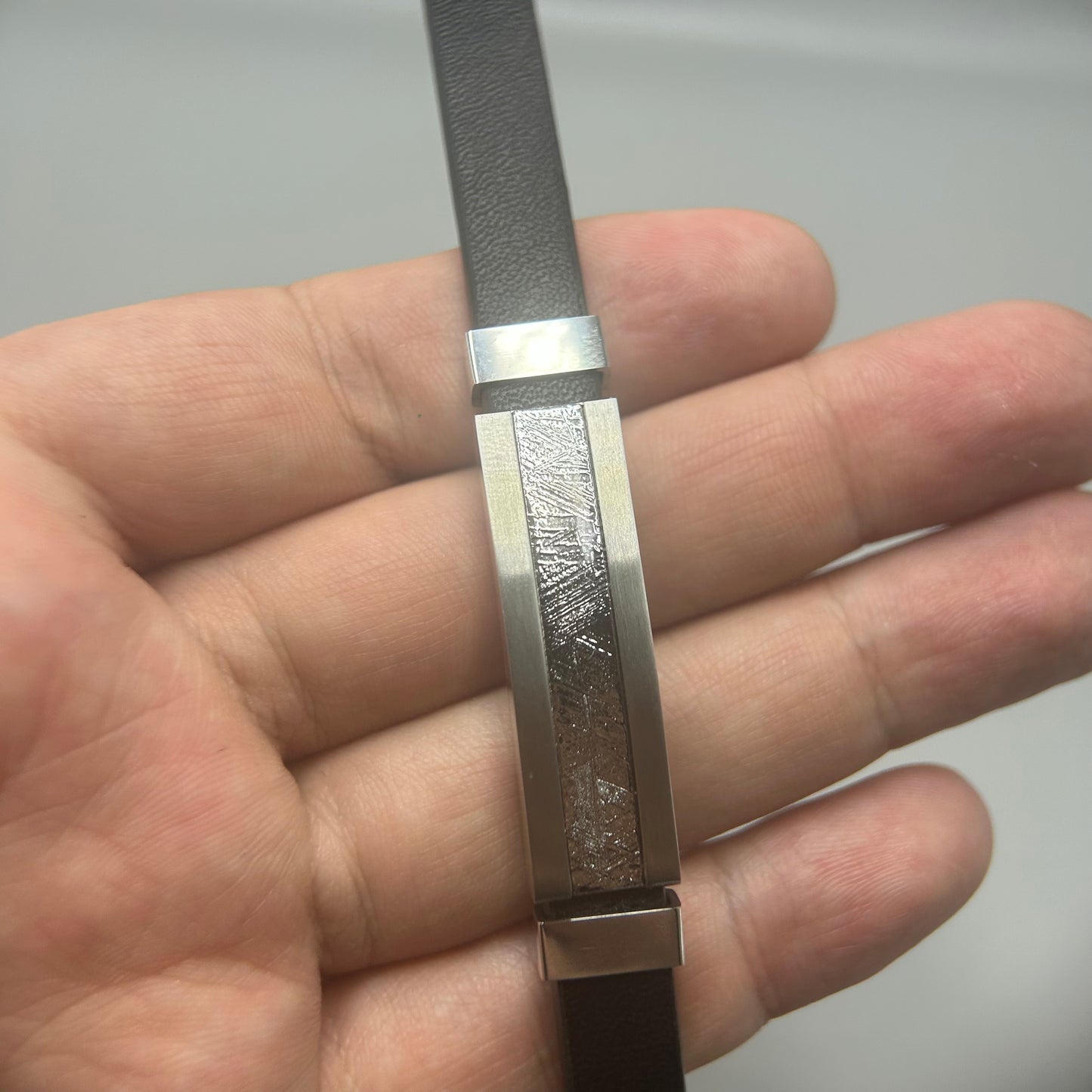 Iron Meteorite Bracelet — 30×12mm Etched Inlay | Widmanstätten Pattern — COA & Gift Box