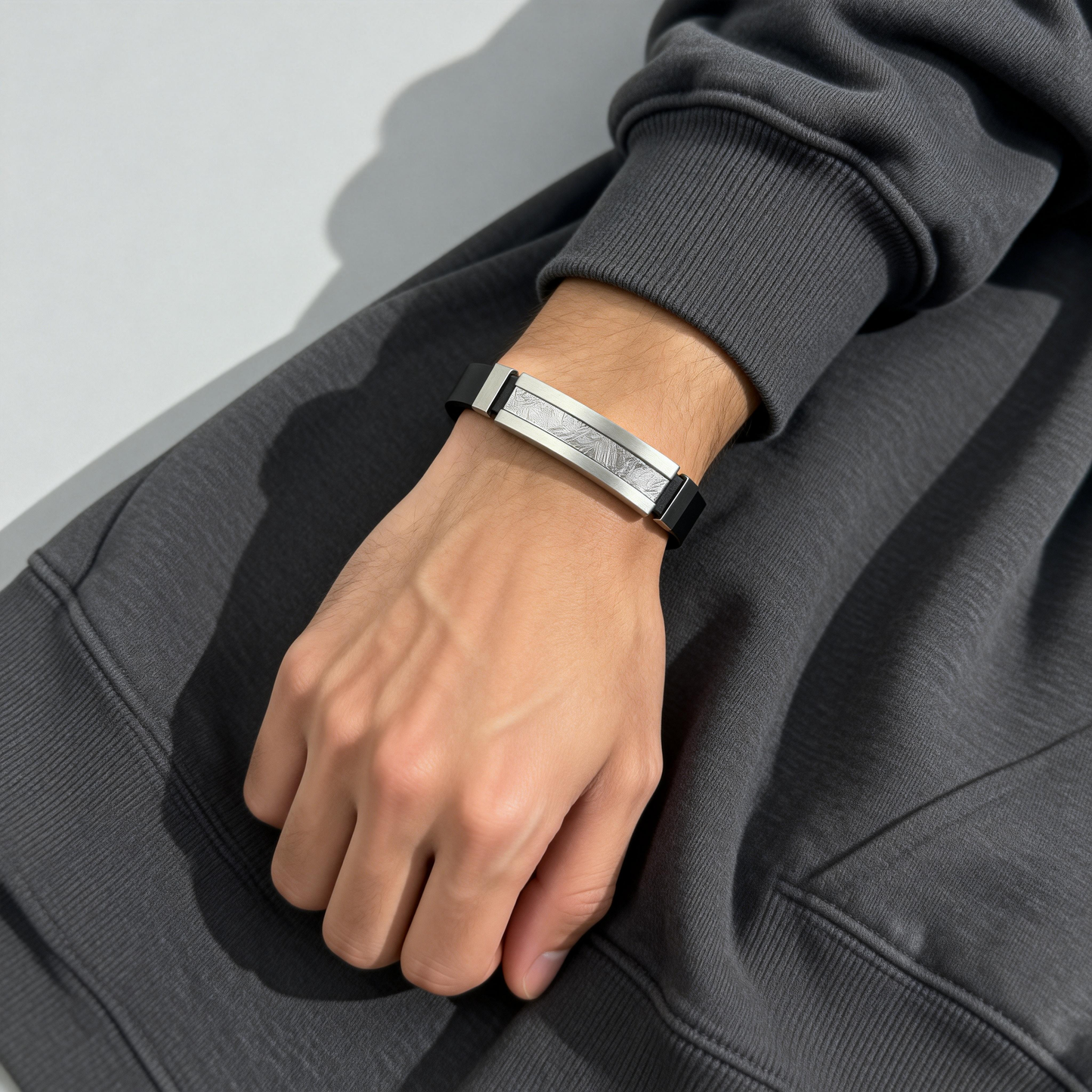 Iron Meteorite Bracelet — 30×12mm Etched Inlay | Widmanstätten Pattern — COA & Gift Box