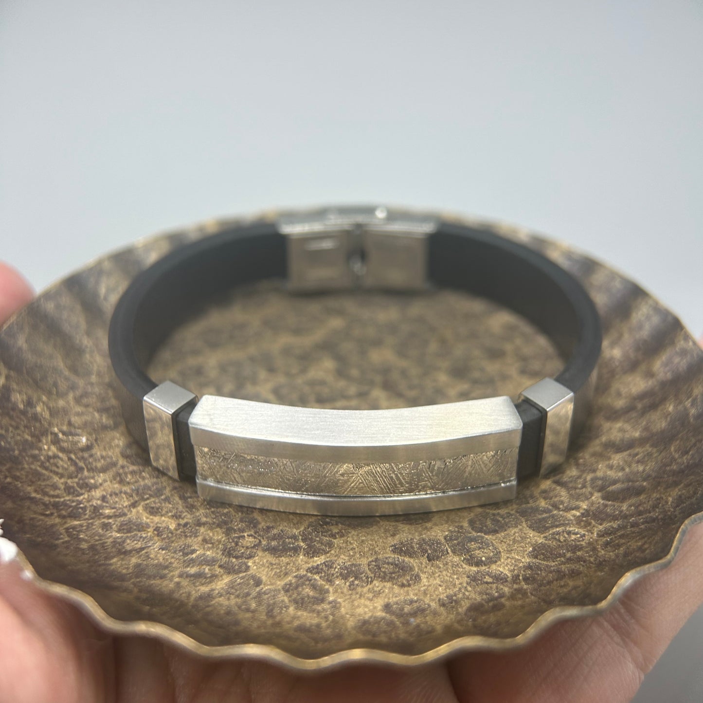 Iron Meteorite Bracelet — 30×12mm Etched Inlay | Widmanstätten Pattern — COA & Gift Box