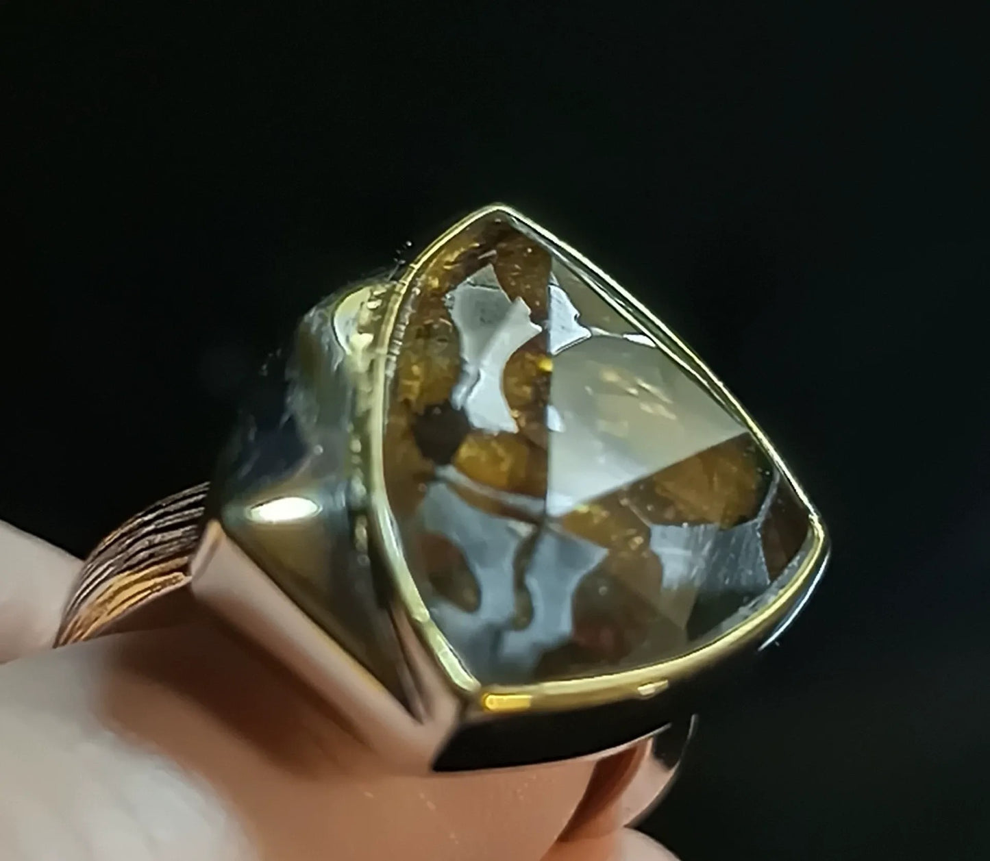 Genuine Kenya sericho Pallasite Meteorite Ring | 925 Sterling Silver Adjustable Band | Italian Brushed Finish | Luxury Gold Inner Band