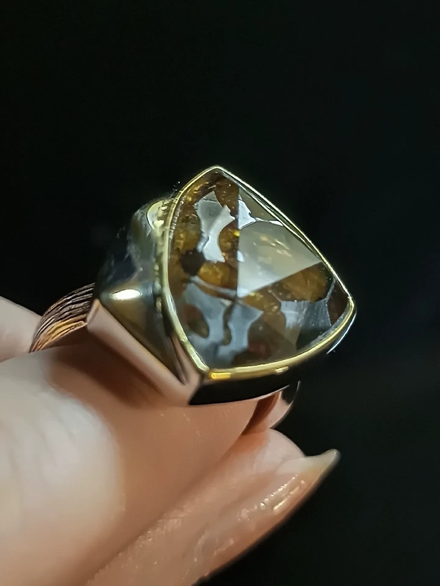 Genuine Kenya sericho Pallasite Meteorite Ring | 925 Sterling Silver Adjustable Band | Italian Brushed Finish | Luxury Gold Inner Band