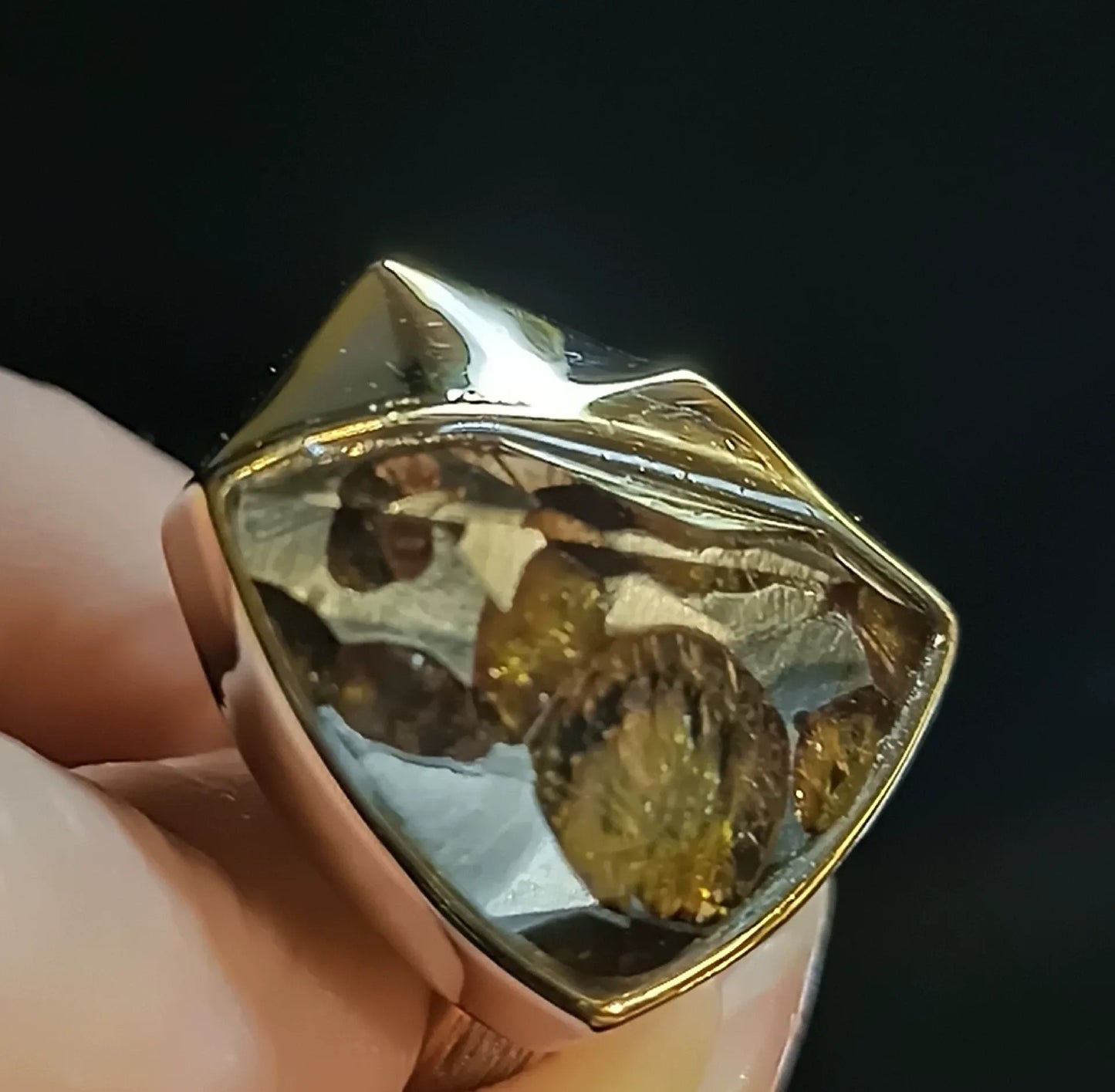 Genuine Kenya sericho Pallasite Meteorite Ring | 925 Sterling Silver Adjustable Band | Italian Brushed Finish | Luxury Gold Inner Band
