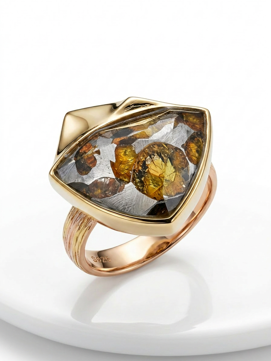 Genuine Kenya sericho Pallasite Meteorite Ring | 925 Sterling Silver Adjustable Band | Italian Brushed Finish | Luxury Gold Inner Band