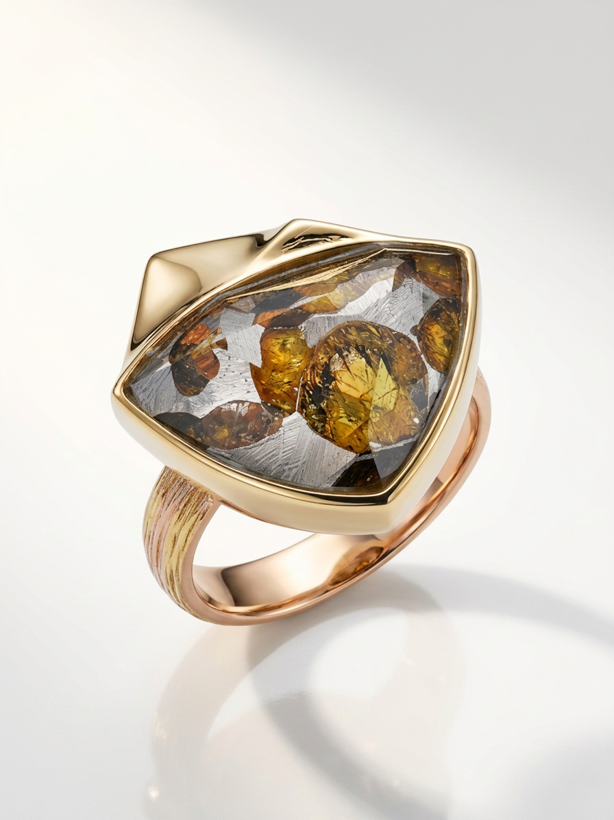 Genuine Kenya sericho Pallasite Meteorite Ring | 925 Sterling Silver Adjustable Band | Italian Brushed Finish | Luxury Gold Inner Band