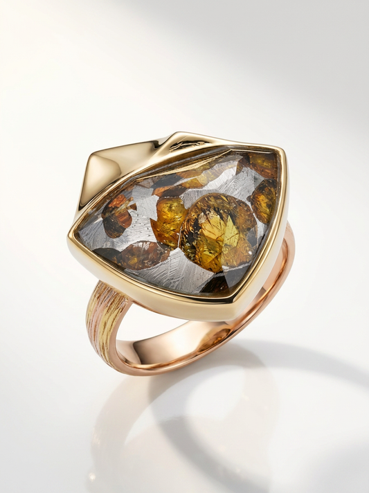 Genuine Kenya sericho Pallasite Meteorite Ring | 925 Sterling Silver Adjustable Band | Italian Brushed Finish | Luxury Gold Inner Band