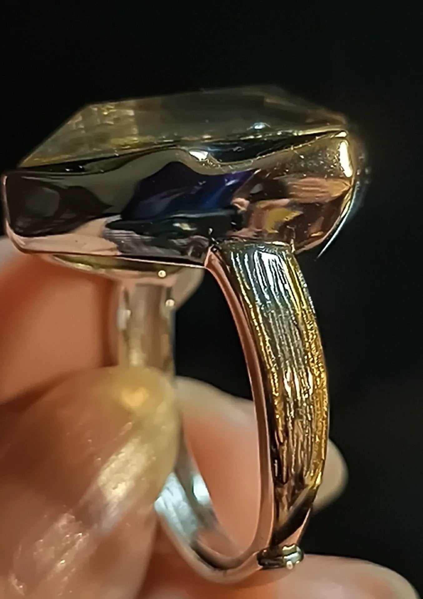 Genuine Kenya sericho Pallasite Meteorite Ring | 925 Sterling Silver Adjustable Band | Italian Brushed Finish | Luxury Gold Inner Band