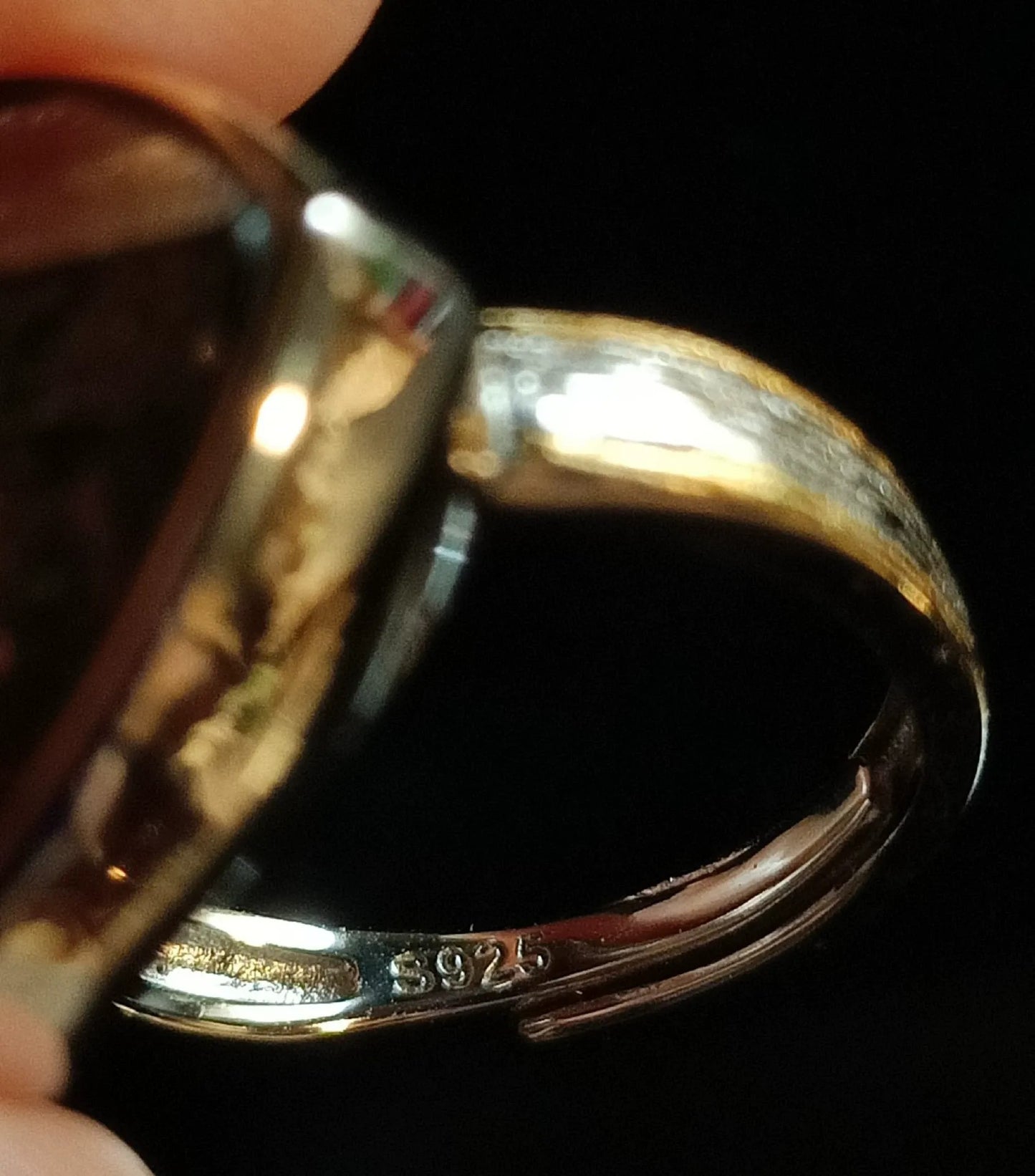 Genuine Kenya sericho Pallasite Meteorite Ring | 925 Sterling Silver Adjustable Band | Italian Brushed Finish | Luxury Gold Inner Band