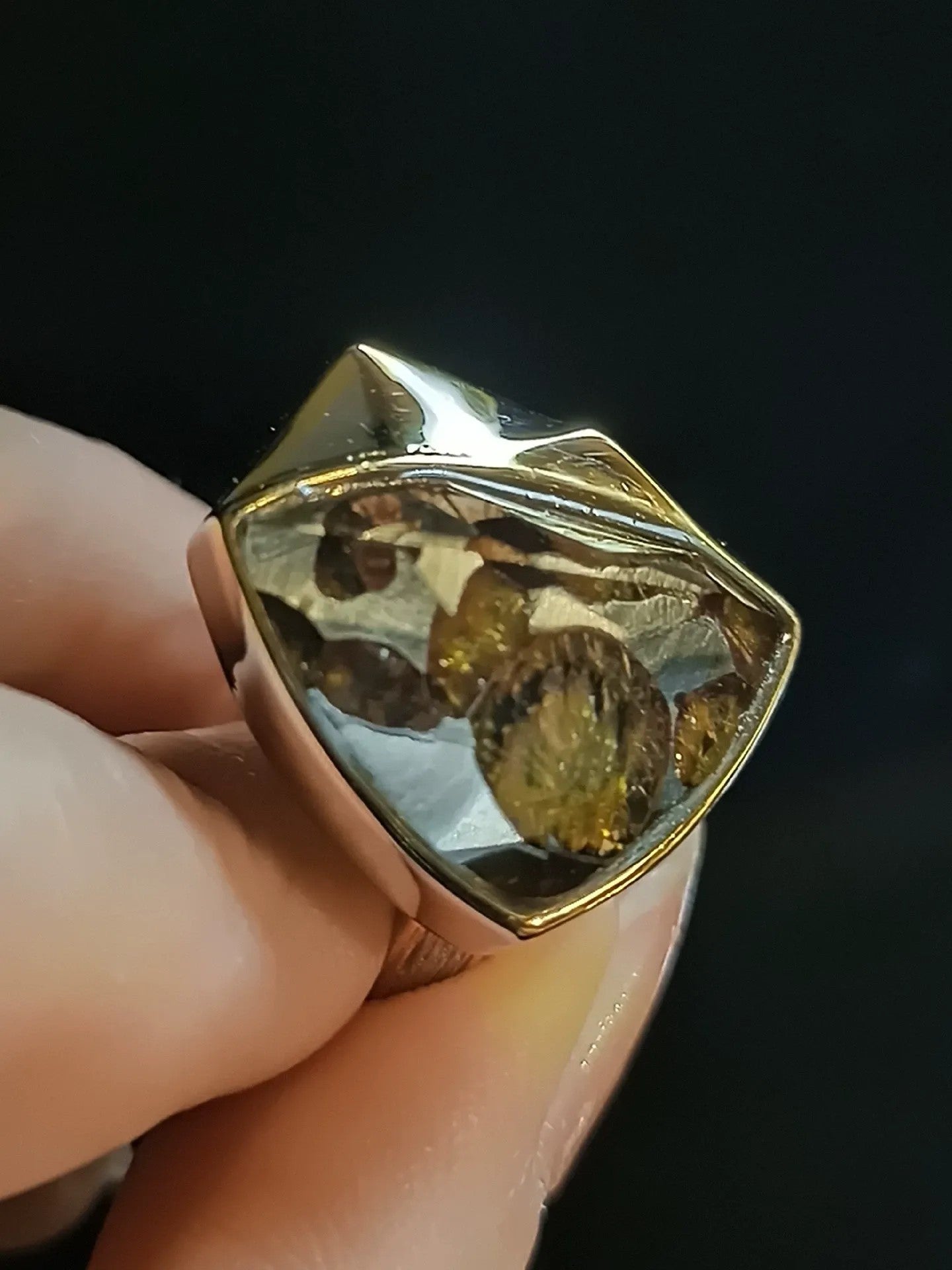 Genuine Kenya sericho Pallasite Meteorite Ring | 925 Sterling Silver Adjustable Band | Italian Brushed Finish | Luxury Gold Inner Band