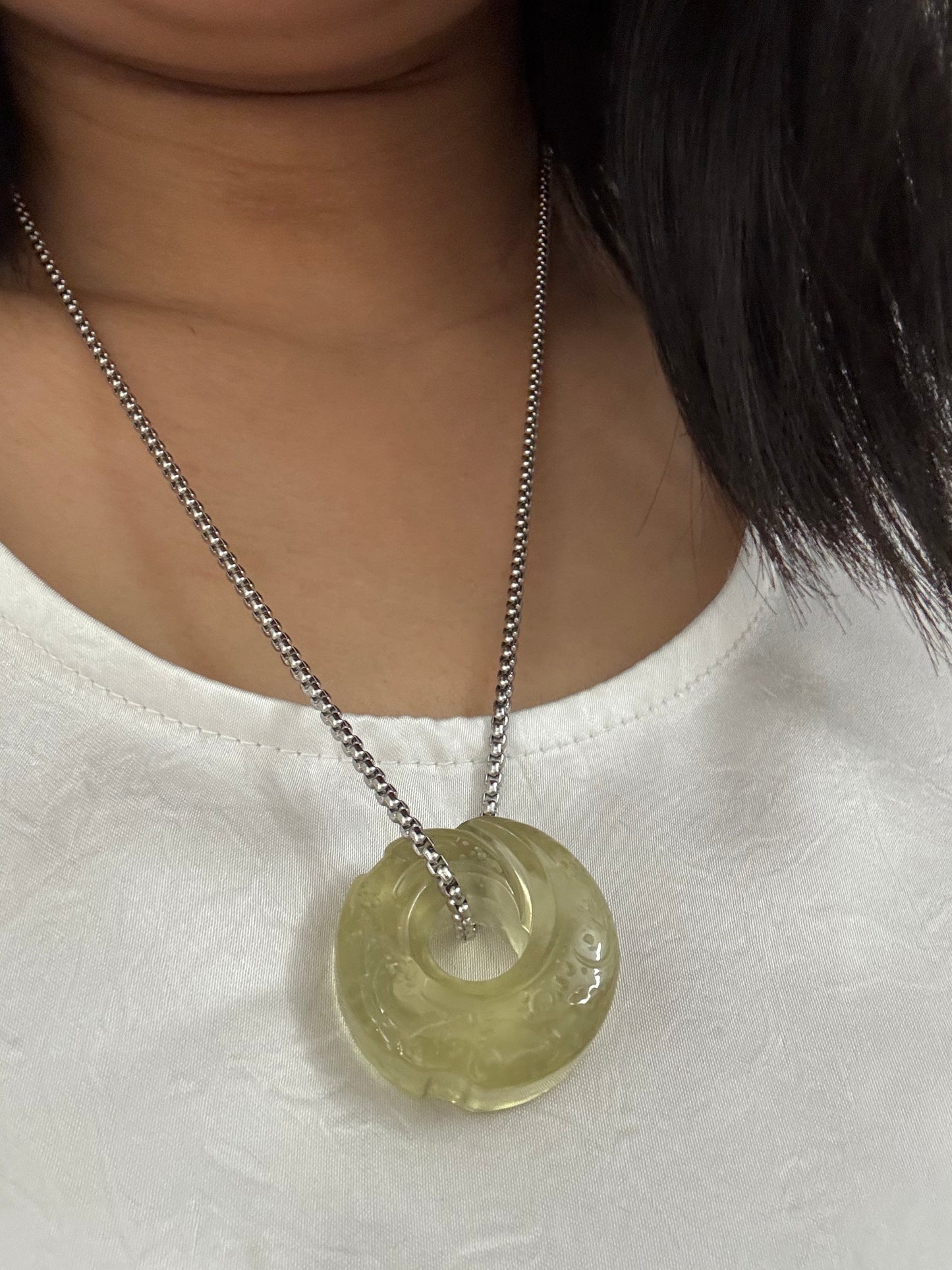 Libyan Desert Glass Donut Pendant Necklace 30mm – Genuine LDG Tektite Impact Glass Pi Disc Carved Spiral, Space Collector Gift