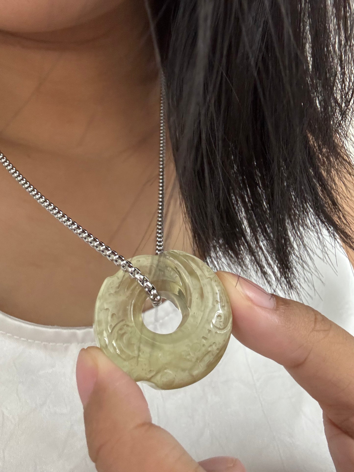 Libyan Desert Glass Donut Pendant Necklace 30mm – Genuine LDG Tektite Impact Glass Pi Disc Carved Spiral, Space Collector Gift